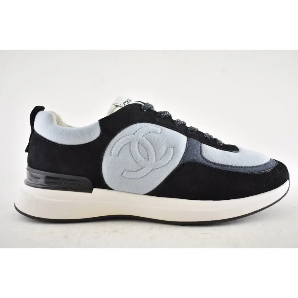 Chanel 22B Black Blue White CC Logo Suede Lace Up Flat Runner Trainer Sneaker 40